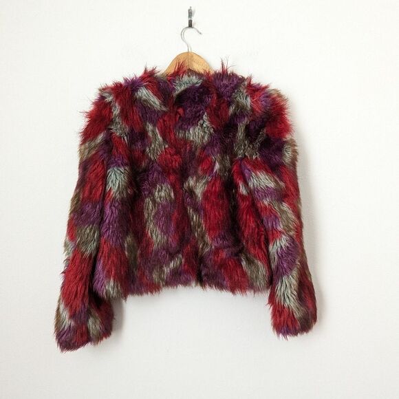 UNIF red purple tan aqua multicolor faux fur open front jacket coat - Picture 5 of 6